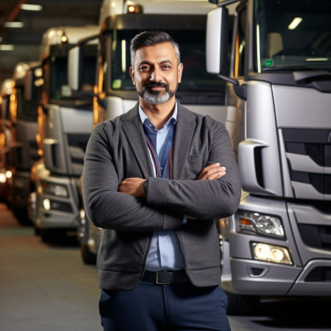 Confident handsome indian man automotive fleet manager at work on blured background