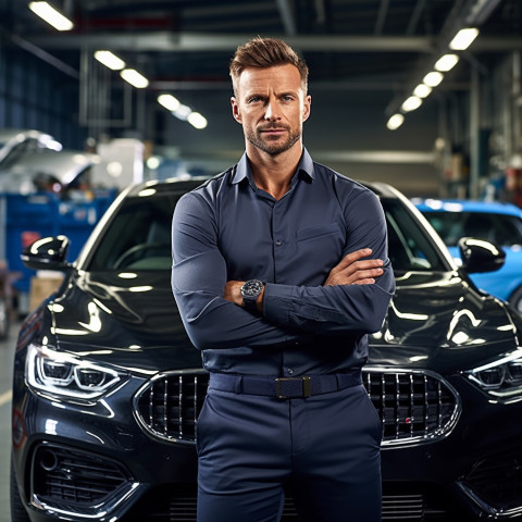 Confident handsome man automotive compliance and safety officer at work on blured background