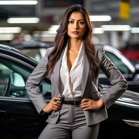 Confident beautiful indian woman automotive legal counsel at work on blured background