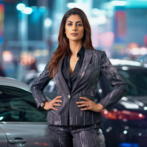 Confident beautiful indian woman automotive sales manager at work on blured background