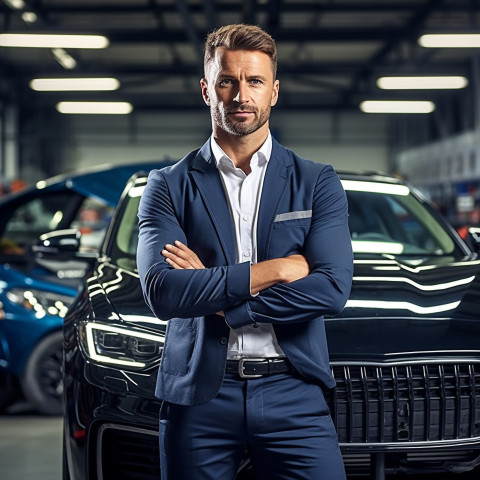 Confident handsome man automotive compliance and safety officer at work on blured background