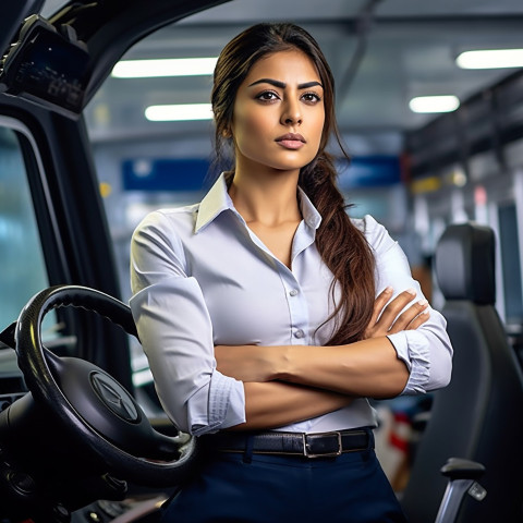 Confident beautiful indian woman automotive driver at work on blured background