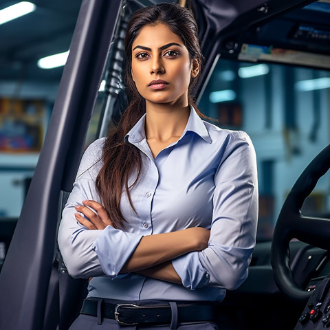 Confident beautiful indian woman automotive driver at work on blured background