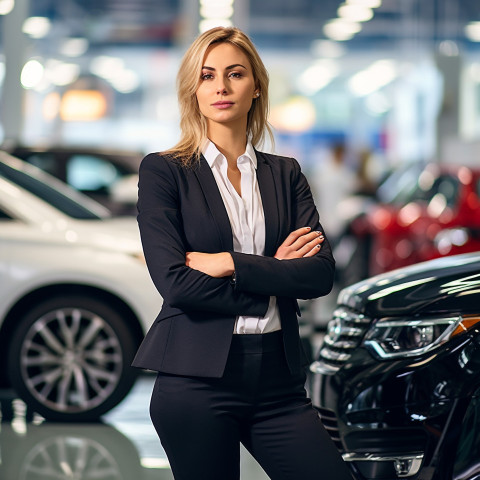 Confident beautiful woman automotive sales manager at work on blured background