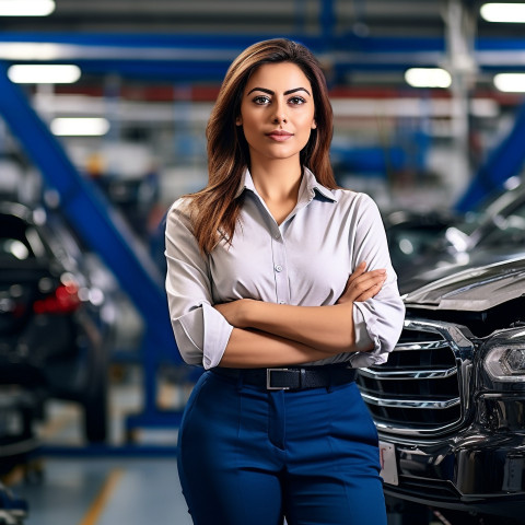 Confident beautiful indian woman automotive customer relations specialist at work on blured background