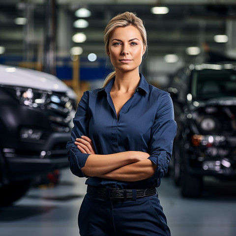 Confident beautiful woman automotive safety compliance specialist at work on blured background