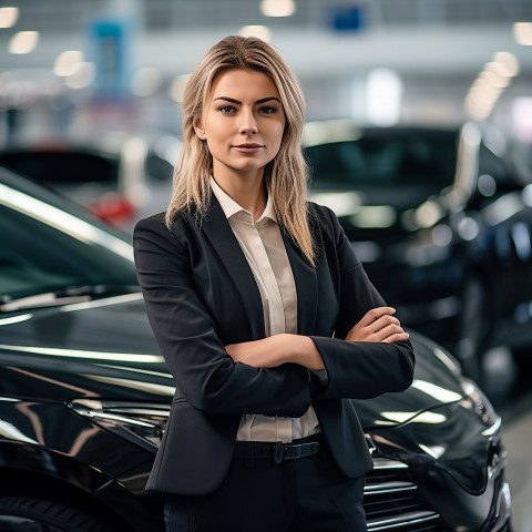 Confident beautiful woman automotive sales manager at work on blured background