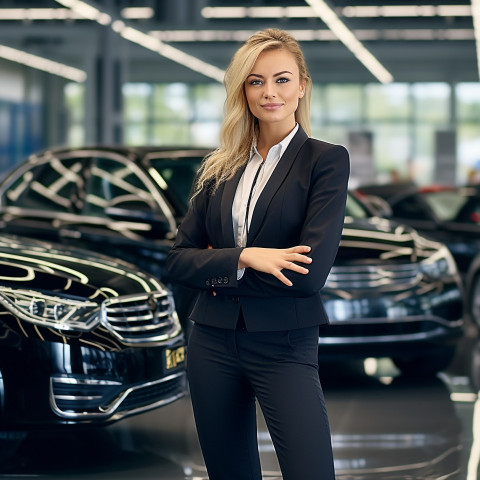 Confident beautiful woman automotive sales manager at work on blured background