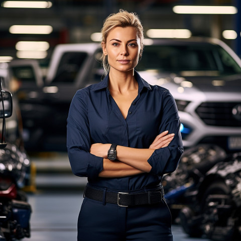 Confident beautiful woman automotive safety compliance specialist at work on blured background