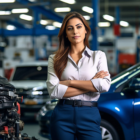 Confident beautiful indian woman automotive customer relations specialist at work on blured background