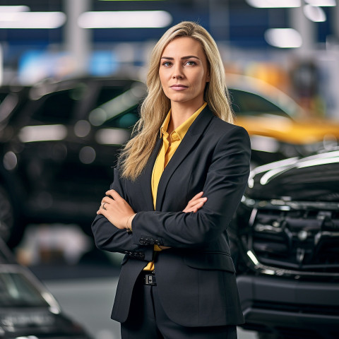 Confident beautiful woman automotive sales manager at work on blured background