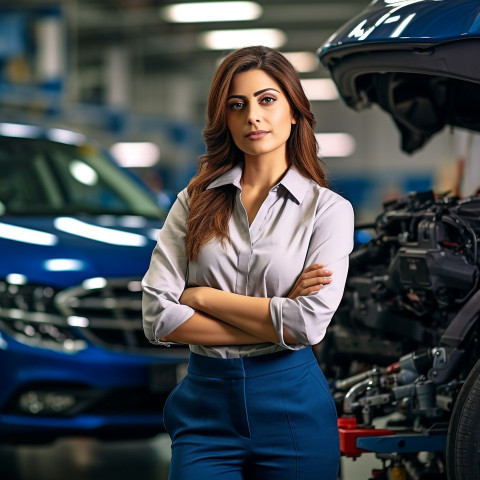 Confident beautiful indian woman automotive customer relations specialist at work on blured background