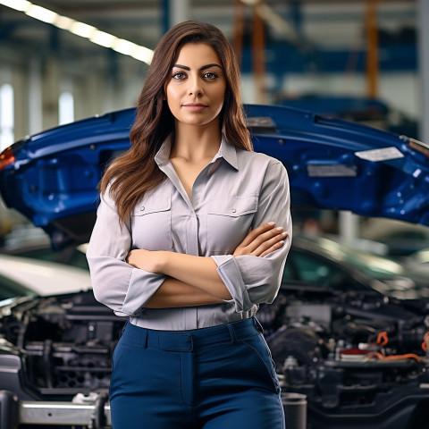 Confident beautiful indian woman automotive customer relations specialist at work on blured background