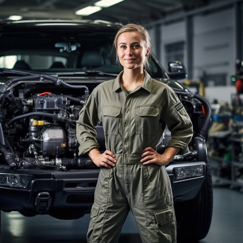 Confident beautiful woman automotive service technician at work on blured background