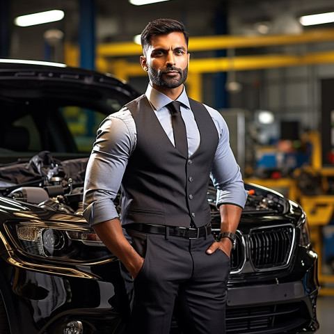 Confident handsome indian man automotive safety compliance specialist at work on blured background