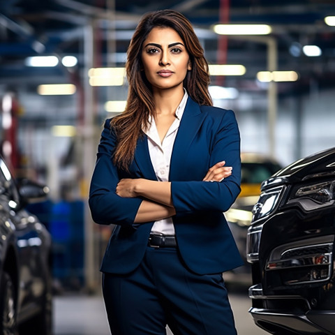 Confident beautiful indian woman automotive general manager at work on blured background