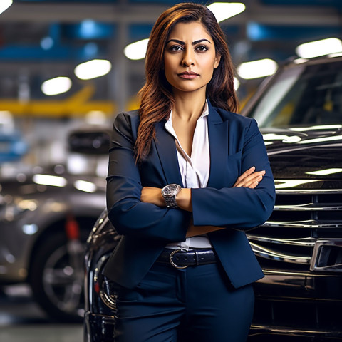 Confident beautiful indian woman automotive general manager at work on blured background