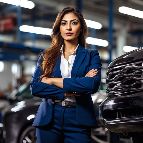 Confident beautiful indian woman automotive general manager at work on blured background