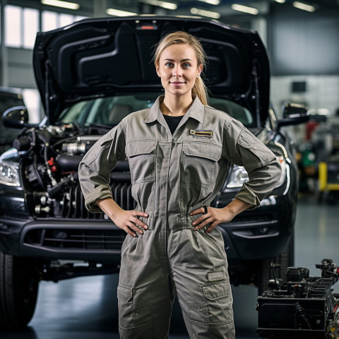 Confident beautiful woman automotive service technician at work on blured background