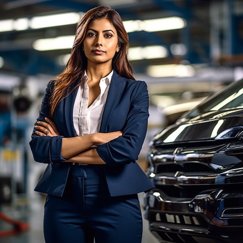 Confident beautiful indian woman automotive general manager at work on blured background