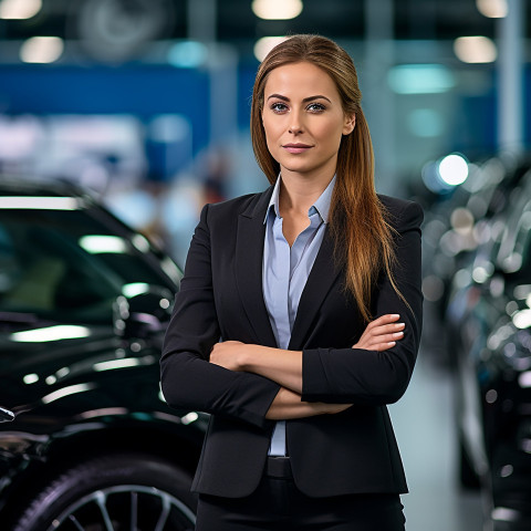 Confident beautiful woman automotive customer relations specialist at work on blured background