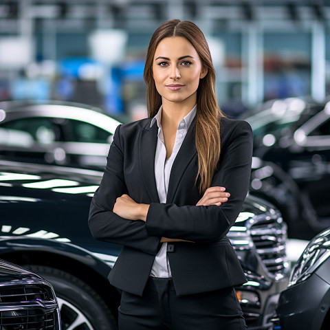 Confident beautiful woman automotive customer relations specialist at work on blured background