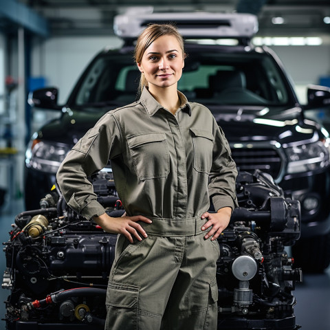 Confident beautiful woman automotive service technician at work on blured background