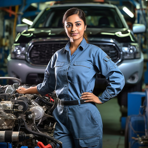 Confident beautiful indian woman automotive service technician at work on blured background