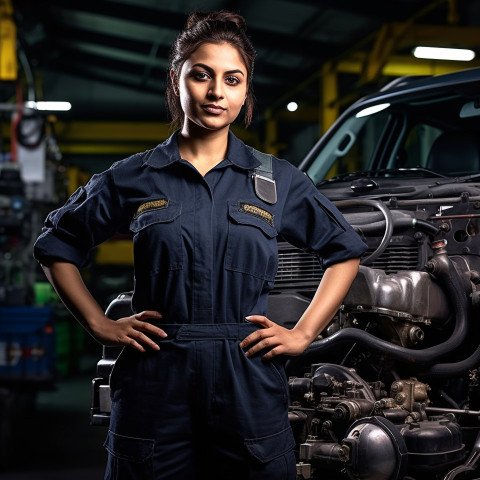 Confident beautiful indian woman automotive service technician at work on blured background