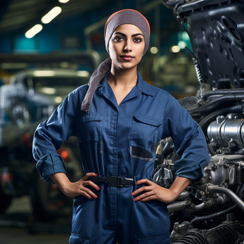 Confident beautiful indian woman automotive service technician at work on blured background