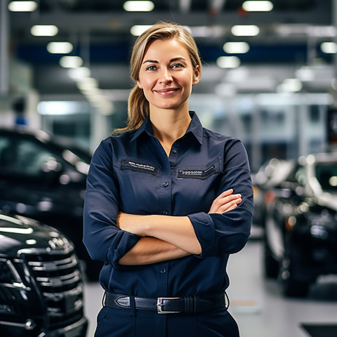 Confident beautiful woman automotive fleet manager at work on blured background