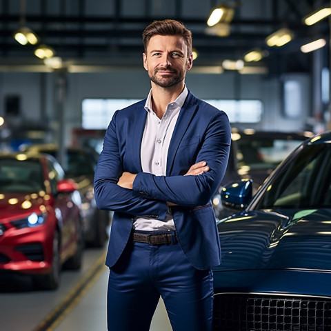 Confident handsome man automotive customer relations specialist at work on blured background