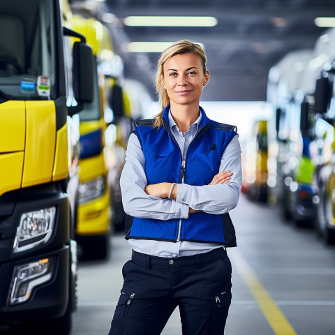 Confident beautiful woman automotive fleet manager at work on blured background