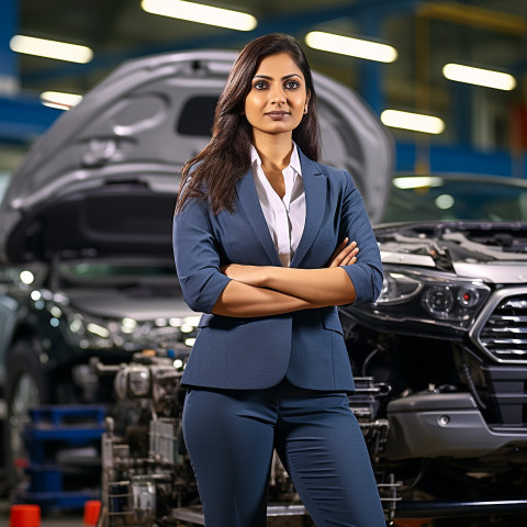 Confident beautiful indian woman automotive inventory manager at work on blured background