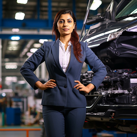 Confident beautiful indian woman automotive inventory manager at work on blured background