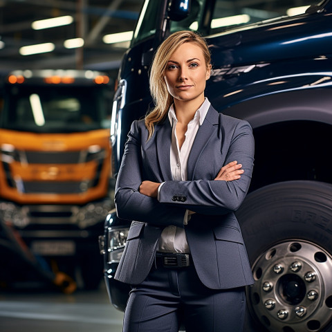 Confident beautiful woman automotive fleet manager at work on blured background