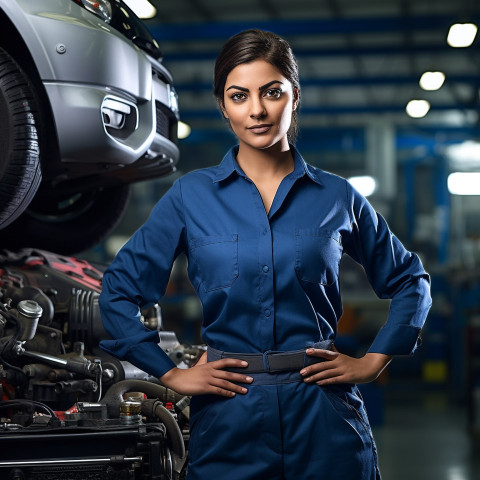 Confident beautiful indian woman automotive service technician at work on blured background