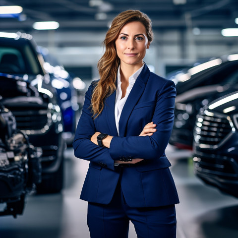 Confident beautiful woman automotive fleet manager at work on blured background