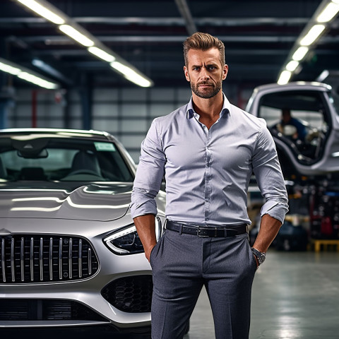 Confident handsome man automotive safety compliance specialist at work on blured background