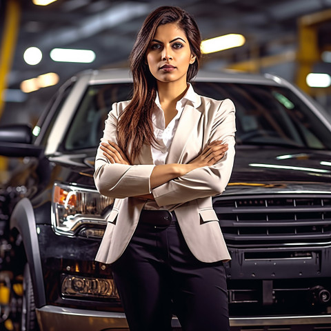 Confident beautiful indian woman automotive compliance and safety officer at work on blured background