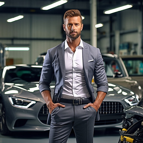 Confident handsome man automotive safety compliance specialist at work on blured background