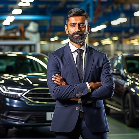 Confident handsome indian man automotive human resources manager at work on blured background