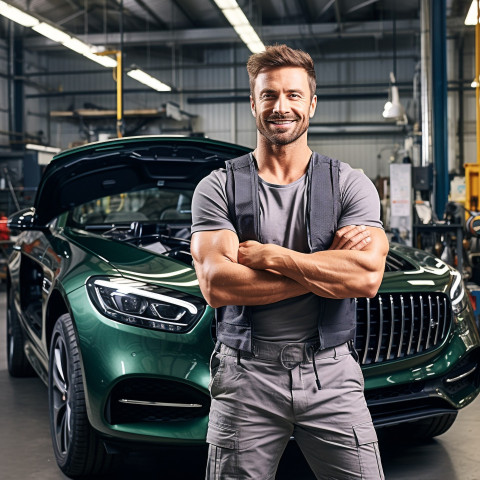 Confident handsome man automotive valets at work on blured background