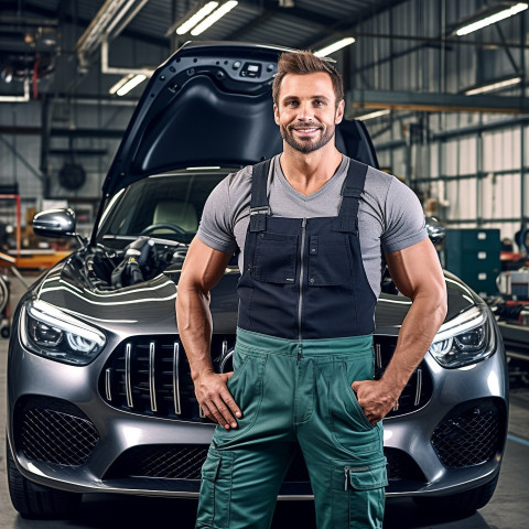 Confident handsome man automotive valets at work on blured background