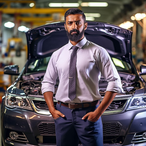 Confident handsome indian man automotive human resources manager at work on blured background