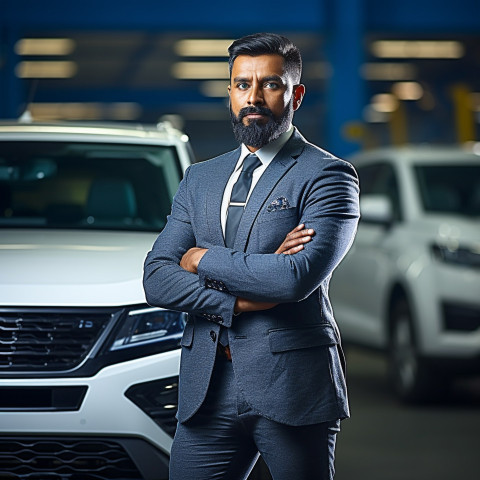 Confident handsome indian man automotive human resources manager at work on blured background