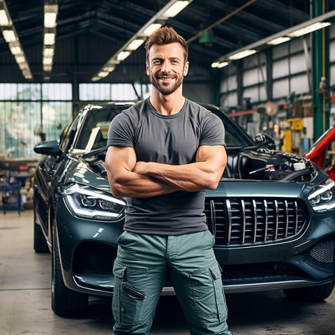 Confident handsome man automotive valets at work on blured background