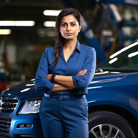 Confident beautiful indian woman automotive compliance and safety officer at work on blured background