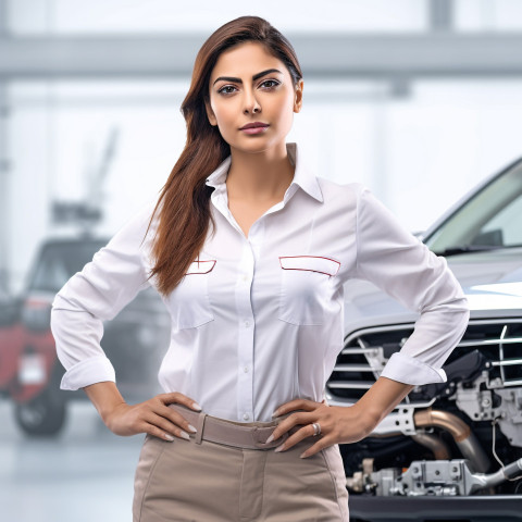 Confident beautiful indian woman automotive quality control inspector at work on blured background