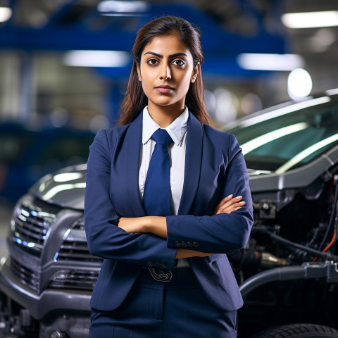 Confident beautiful indian woman automotive compliance and safety officer at work on blured background